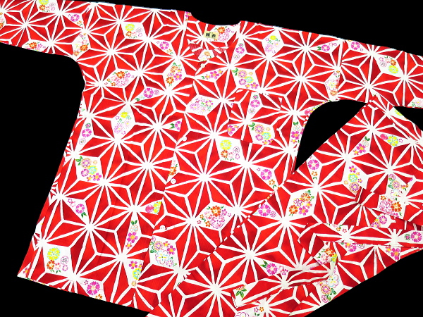 義若オリジナルの鯉口シャツ・ダボシャツ　麻の葉紋様に花（赤）